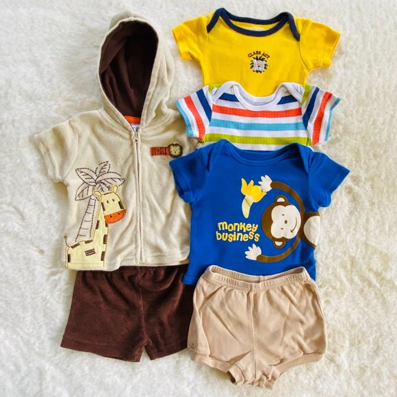 2/$18🌴 Boy 6pc Clothing Summer Bundle Safari Bodysuits Shorts Swim Coverup 3-6M - Picture 1 of 8